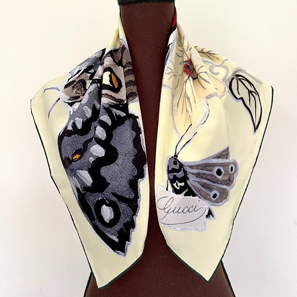 New Gucci Logo Kris Knight Butterfly Flora Yellow Silk Scarf with Gucci Gift Box - Picture 1 of 13